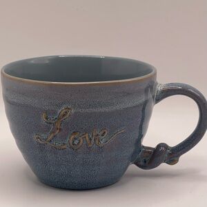 Oversized Stoneware “Love” Mug Blue Gray Rustic Glaze Large Coffee/Tea Cup